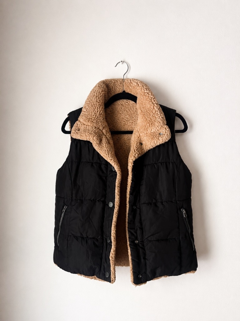 Lucky Brand Reversible Sherpa Puffer Vest Tan Teddy Fleece Black Quilted Cozy